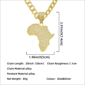 Halskette mit vereistem Afrika-Anhänger, goldene kubanische Kette und Strasssteinen
