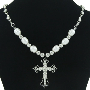 Cross Pendant Necklace Alloy Rhinestone Spliced Imitation Artificial Pearl Retro Baroque Style Clavicle Chain For Women Jewelry