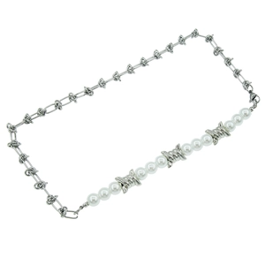 Barbed wire and pearl splice necklace in silver stainless steel for a trendy punk look