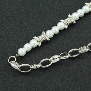 Unisex pearl and silver barbed wire link necklace with industrial chain elements