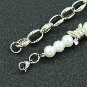 Barbed wire design pearl necklace with silver metal link chain and lobster clasp closure