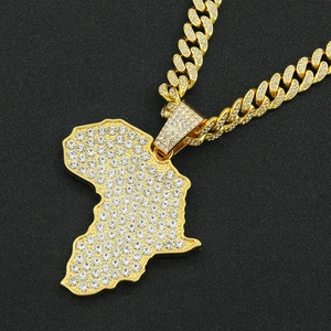 Hip-hop gold plated Africa map pendant necklace with crystal Cuban link chain