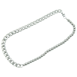Unisex silver stainless steel curb and bead chain link necklace with lobster clasp