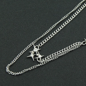 Double-layer Cuban chain necklace with sparkling star pendants in silver steel finish
