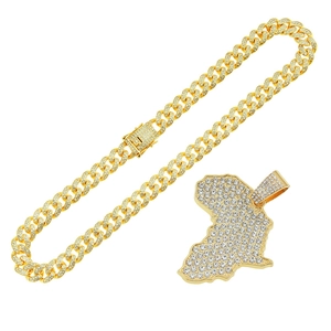 Hip hop gold Cuban chain with iced-out Africa map pendant and sparkling rhinestones