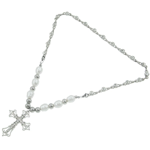 Ins style silver necklace with rhinestone hollow cross pendant and white pearl beads