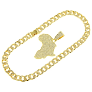 Halskette mit goldener Afrika Karte Anhänger und Strass Kubanische Kette für Herren Hip Hop