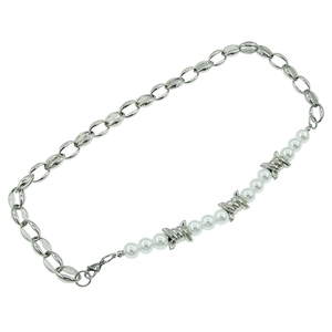 Silver chain necklace with white pearls and thorn wire metal charms on a white background
