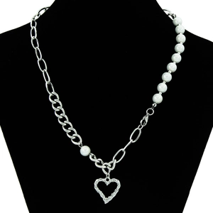 Stainless Steel Heart Pendant Necklace Asymmetric Splicing Glass Artificial Pearl Cuban Chain Clavicle Neckline Jewelry For Women