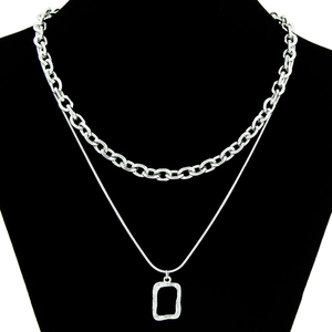 Women Stainless Steel Double Layer Necklace Geometric Hammered Pendant Snake Bone O Chain Silver Fashion Jewelry Combination