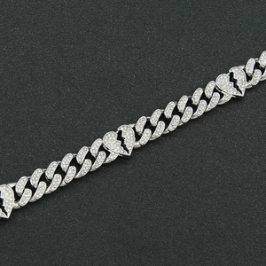 Iced out silver Cuban link bracelet with broken heart charm for hip-hop fashion