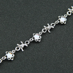 Punk style barbed wire chain necklace with white pearl flower pendants in silver finish