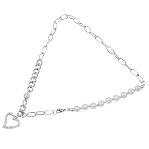 Asymmetric stainless steel heart pendant necklace with pearls and chunky silver chain link