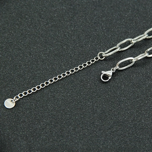 Macro detail of silver stainless steel paperclip chain with lobster clasp and extension