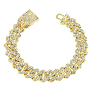Men's hip hop gold Cuban link bracelet with iced-out crystals and square box clasp