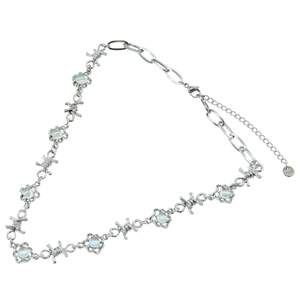 Punk style stainless steel chain necklace with barb wire links and iridescent moonstones