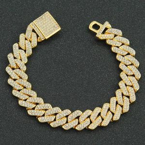 Iced out gold cuban link bracelet with diamond rhombic buckle in hip hop style