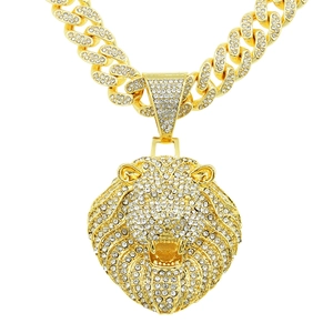 Collier Hip Hop Homme Pendentif Tête de Lion Chaîne à Maillons Cubains Strass Iced Out Alliage Or Argent Bijoux Streetwear