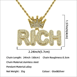 Collana hip hop dorata con ciondolo corona RICH con diamanti e catena in acciaio inox