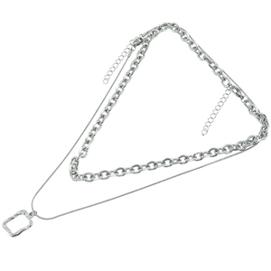 Double-layered silver stainless steel snake chain necklace with hollow geometric pendant