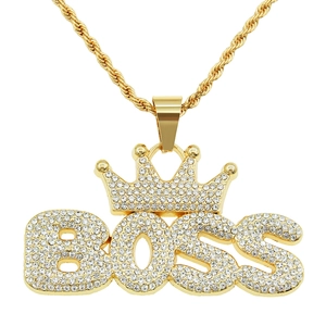 Hip-Hop BOSS Krone Anhänger Halskette mit glitzernden Strasssteinen und goldener Kordelkette