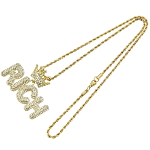 Pendente corona RICH dorata stile hip hop con cristalli e catena a corda da uomo