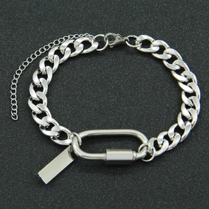 Silver Cuban chain bracelet with oval carabiner clasp and rectangular metal tag