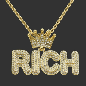 Collana con Pendente a Corona e Lettera RICH Hip Hop con Strass in Lega e Acciaio Inossidabile per Uomo Oro Argento