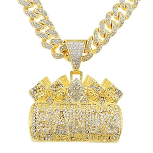 Men's hip hop gold Cuban chain with iced out stacked cash pendant and motto
