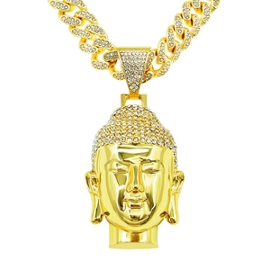 Hip Hop Zinc Alloy Buddha Head Pendant Necklace With Iced Out Rhinestone Cuban Link Chain For Men Punk Streetwear Jewelry