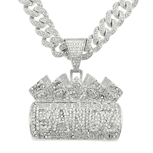 Detail of silver iced-out hip hop necklace with Bank pendant and iced Cuban link chain