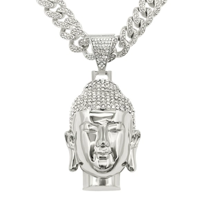 Close-up of iced out silver Buddha head pendant with sparkling white rhinestones on Cuban chain