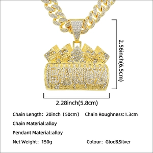 Men's hip hop gold necklace with iced out BANK dollar pendant and chunky chain