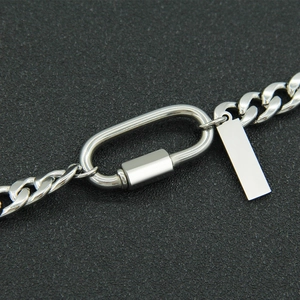 Polished silver stainless steel Cuban link bracelet with carabiner clasp and tag