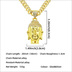 Men's hip hop gold alloy Buddha head pendant with iced out stones on a Cuban chain