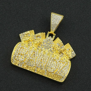 Macro detail of iced-out money stack pendant with In Cash We Trust engraving