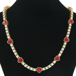 Hip Hop Heart Red Rhinestone Inlaid Alloy Necklace Personality Fashion Unisex Heart Pendant Cuban Link Neck Chain Jewelry