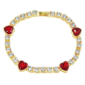 Hip hop style gold tennis bracelet with red heart gems and white crystals for women