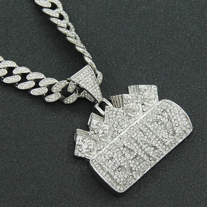 Men's hip hop silver plated necklace with iced out dollar bills pendant on Cuban chain