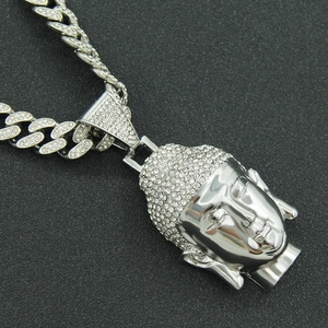 Hip hop silver Buddha portrait pendant with iced out Cuban link chain necklace for men