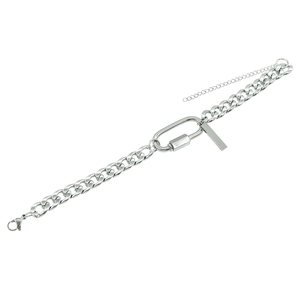 Silver stainless steel Cuban link bracelet with oval carabiner clasp and tag