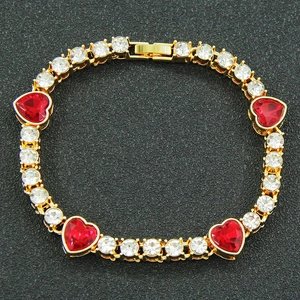 Hip hop tennis bracelet with red heart crystals and white zircons in gold finish