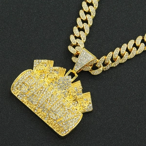 Men's hip hop dollar stack pendant with Cuban link chain and sparkling rhinestones