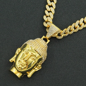 Hip-hop gold Buddha pendant necklace with sparkling crystals on heavy Cuban link chain