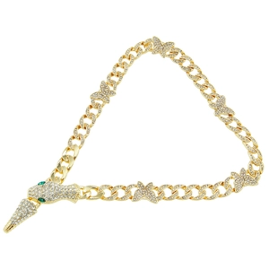 Collana a catena cubana dorata con farfalla di diamanti e testa di serpente con occhi verdi