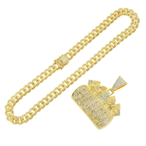 Men's hip-hop gold plated Cuban chain with iced out money bag crown pendant jewelry