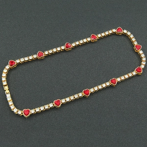 Gold plated hip hop tennis chain necklace with red heart crystals and white rhinestones