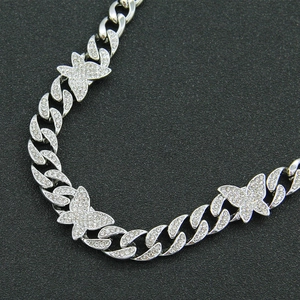 Iced out silver Cuban link necklace with three crystal butterfly pendants for hip hop style