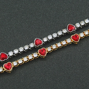 Hip hop tennis bracelet set with red heart stones and round zircon in gold and silver