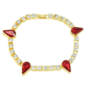 Golden tennis bracelet with white round-cut crystals and red pear-shaped gemstones
